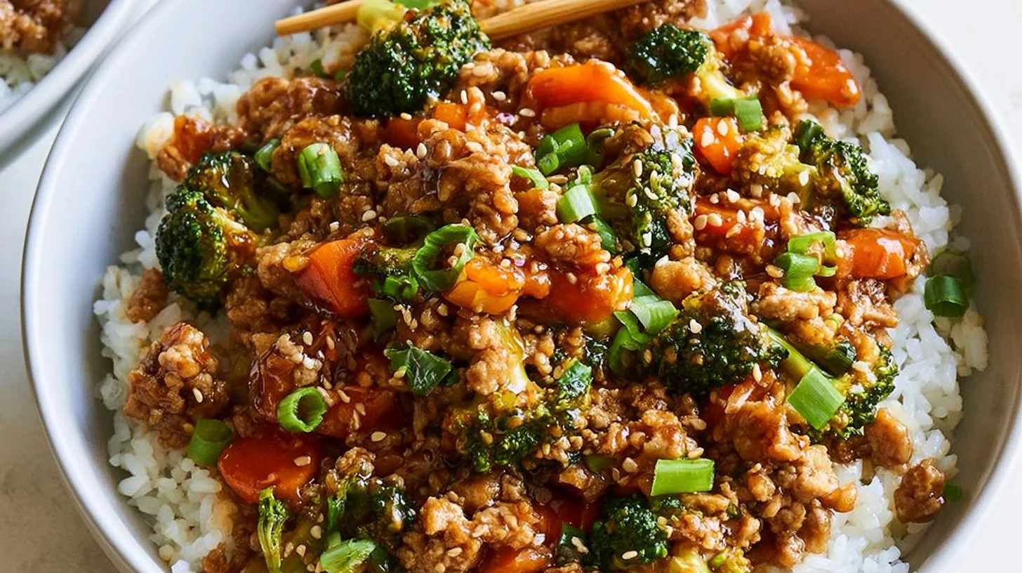 Delicious teriyaki turkey rice bowl garnished with vegetables and sesame seeds