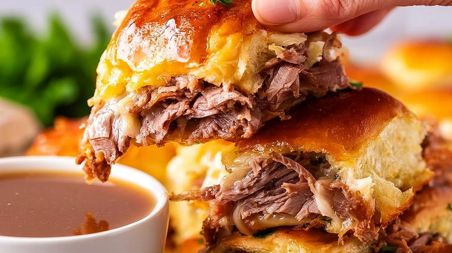 Plate of French Dip Sliders with au jus dipping sauce