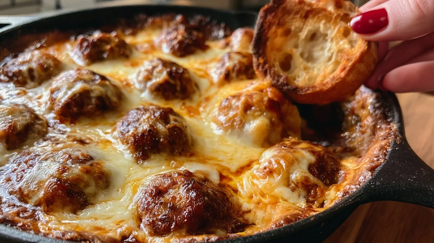 Delicious French Onion Meatballs served with caramelized onions and melted cheese