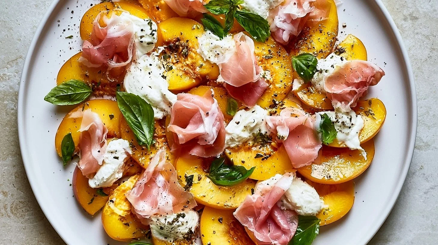 Plate of fresh peaches with burrata and prosciutto, showcasing summer flavors