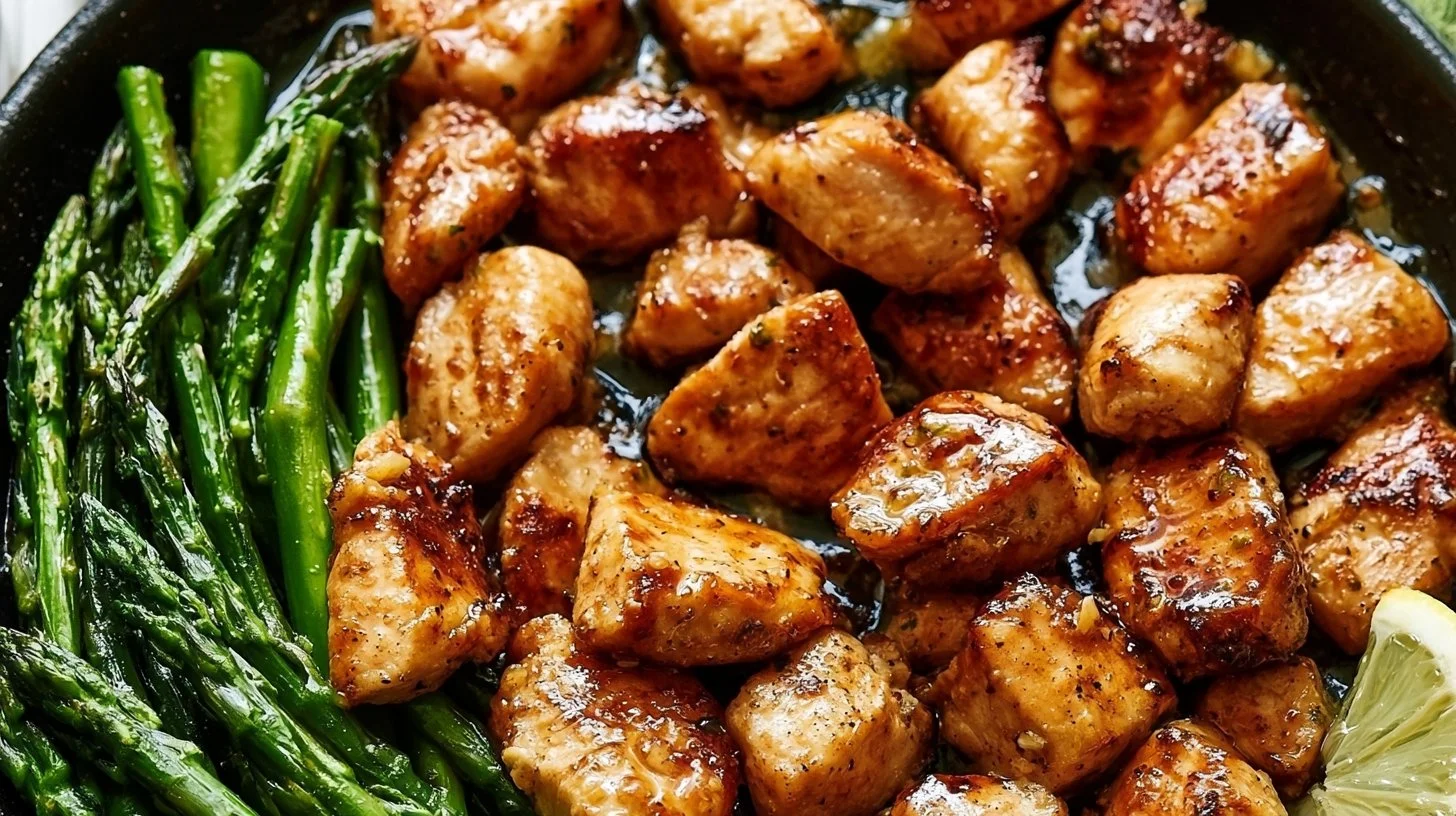Garlic Butter Chicken Bites with Lemon Asparagus | Healthy Chicken and Asparagus Recipes, Healthy Garlic Butter Chicken, Healthy Chicken and Asparagus Meal 2 Garlic butter chicken bites with lemon asparagus on a plate