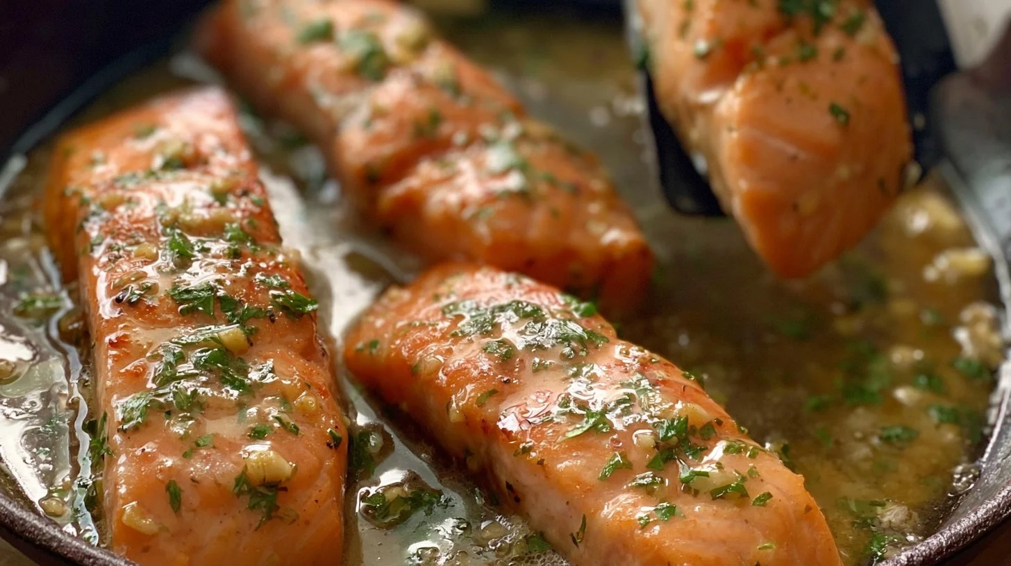 Delicious Garlic Butter Salmon fillet garnished with herbs.
