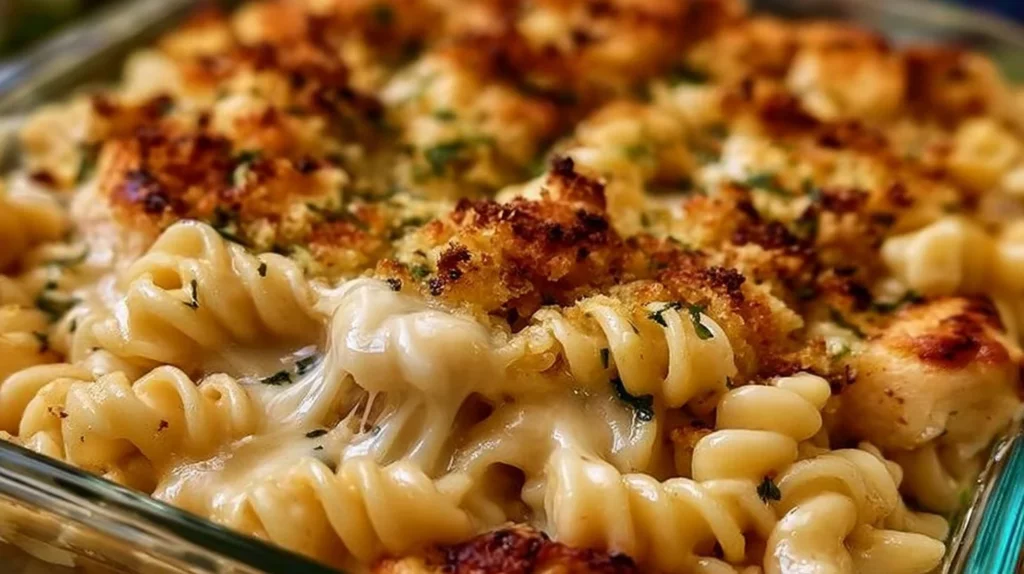 Garlic Parmesan Chicken Pasta Bake garnished with fresh herbs and melted cheese.