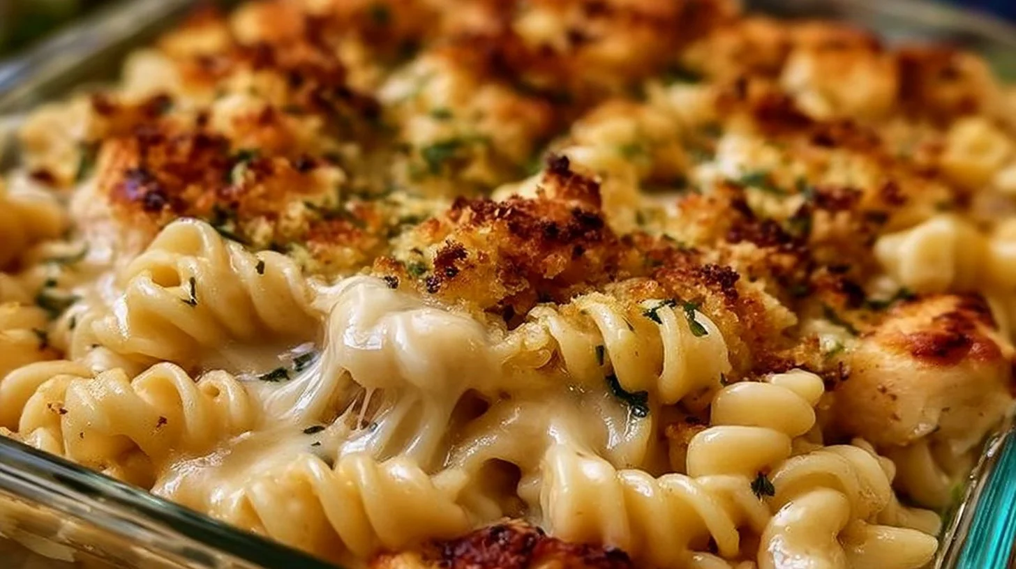 Garlic Parmesan Chicken Pasta Bake garnished with fresh herbs and melted cheese.
