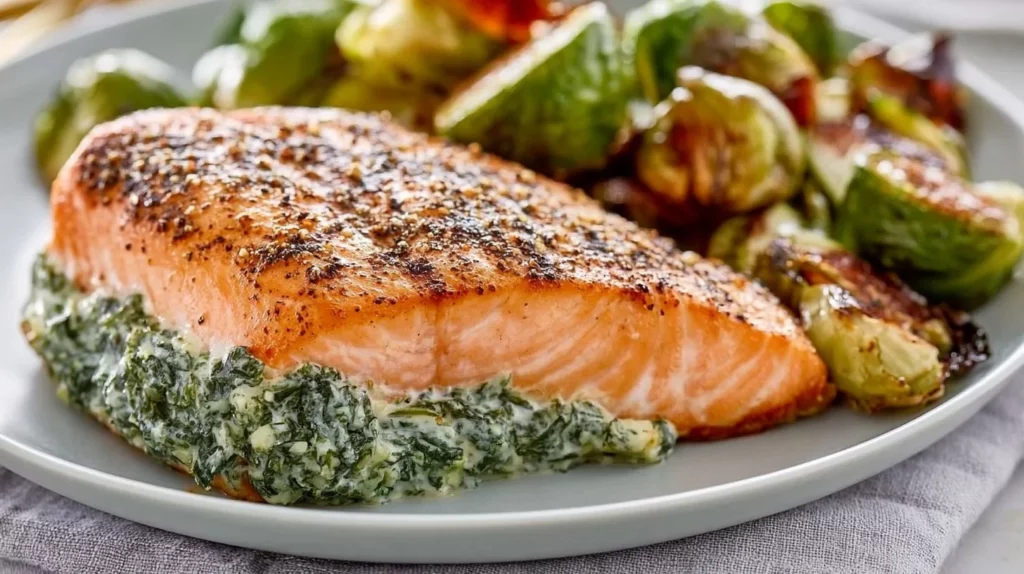 Garlicky spinach stuffed salmon served on a plate with lemon and herbs