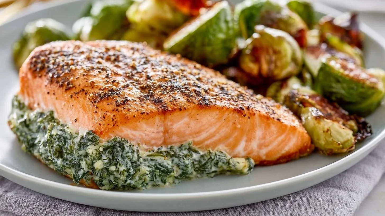 Garlicky spinach stuffed salmon served on a plate with lemon and herbs
