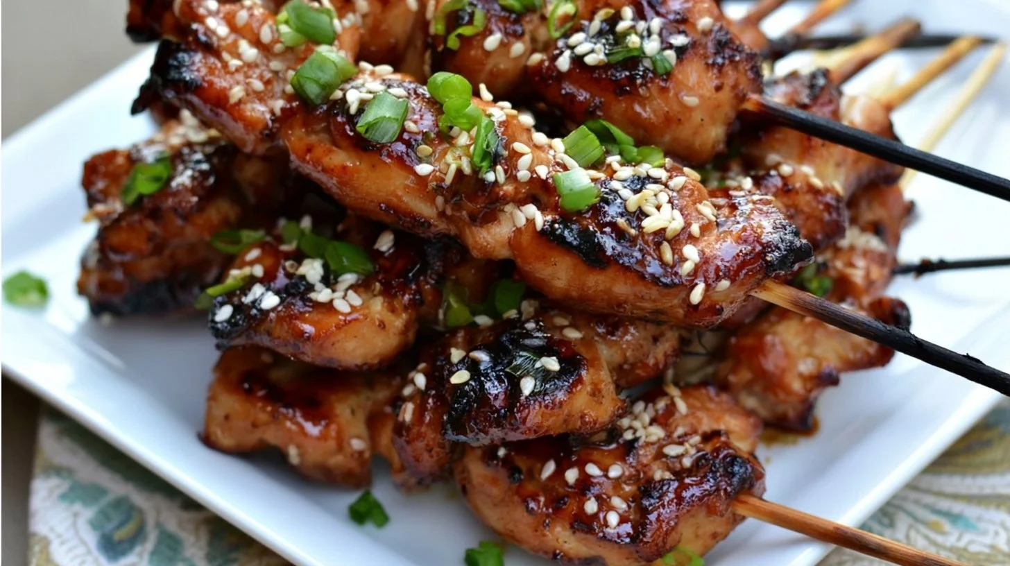Delicious glazed chicken skewers on a grill ready to serve