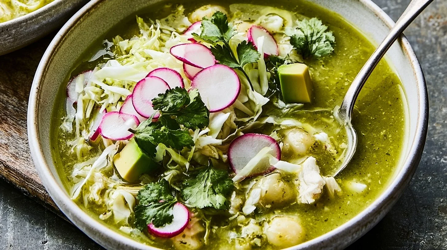 Bowl of Green Chicken Pozole garnished with fresh cilantro and radishes