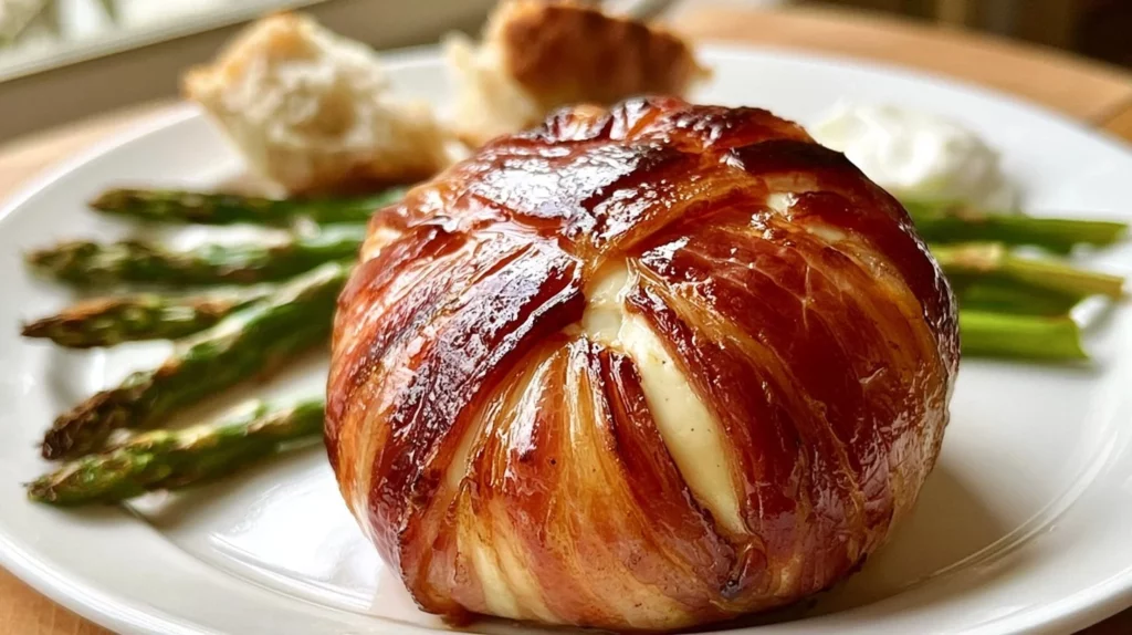Delicious Grilled Camembert cheese wrapped in crispy bacon, served warm.