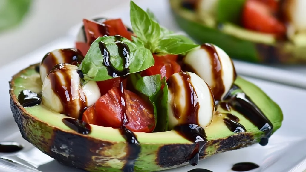 Grilled Caprese salad stuffed avocado with fresh tomatoes, mozzarella, and basil