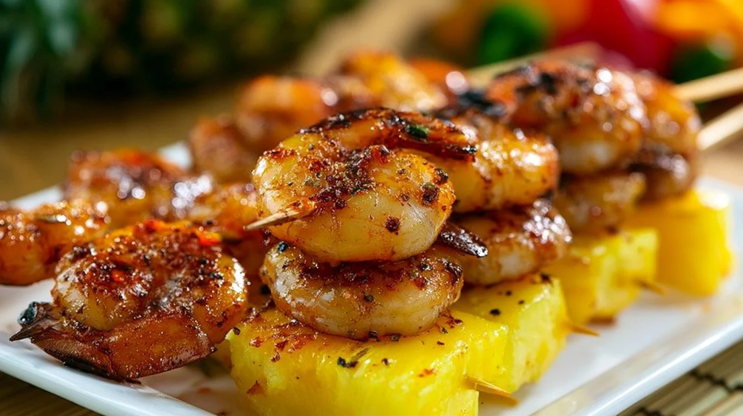 Delicious grilled Caribbean jerk shrimp garnished with fresh herbs