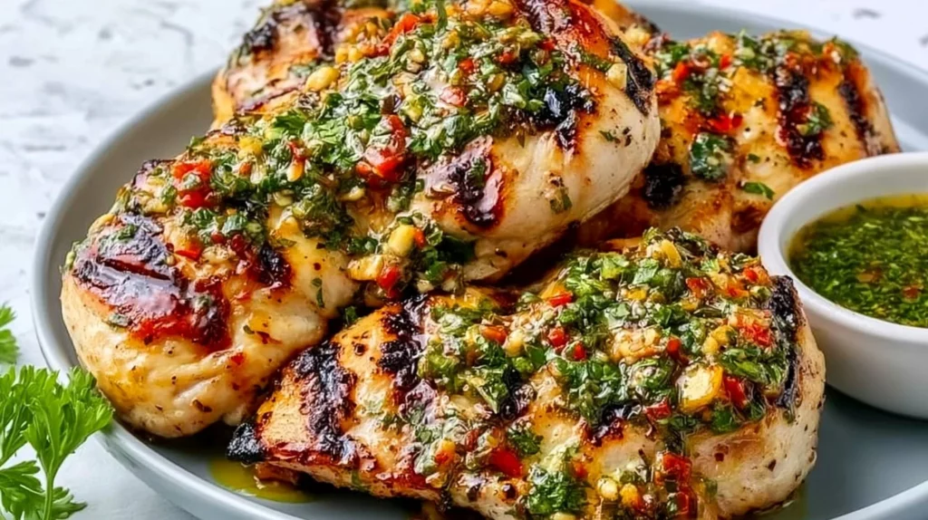 Grilled chicken breast served with chimichurri sauce on a plate