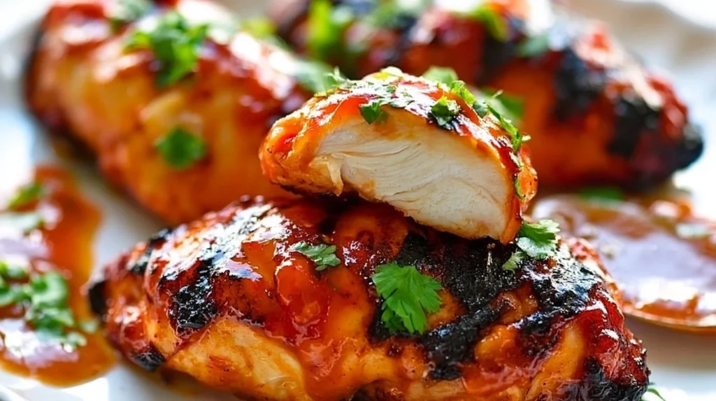 Grilled Chili Peach Chicken garnished with fresh herbs