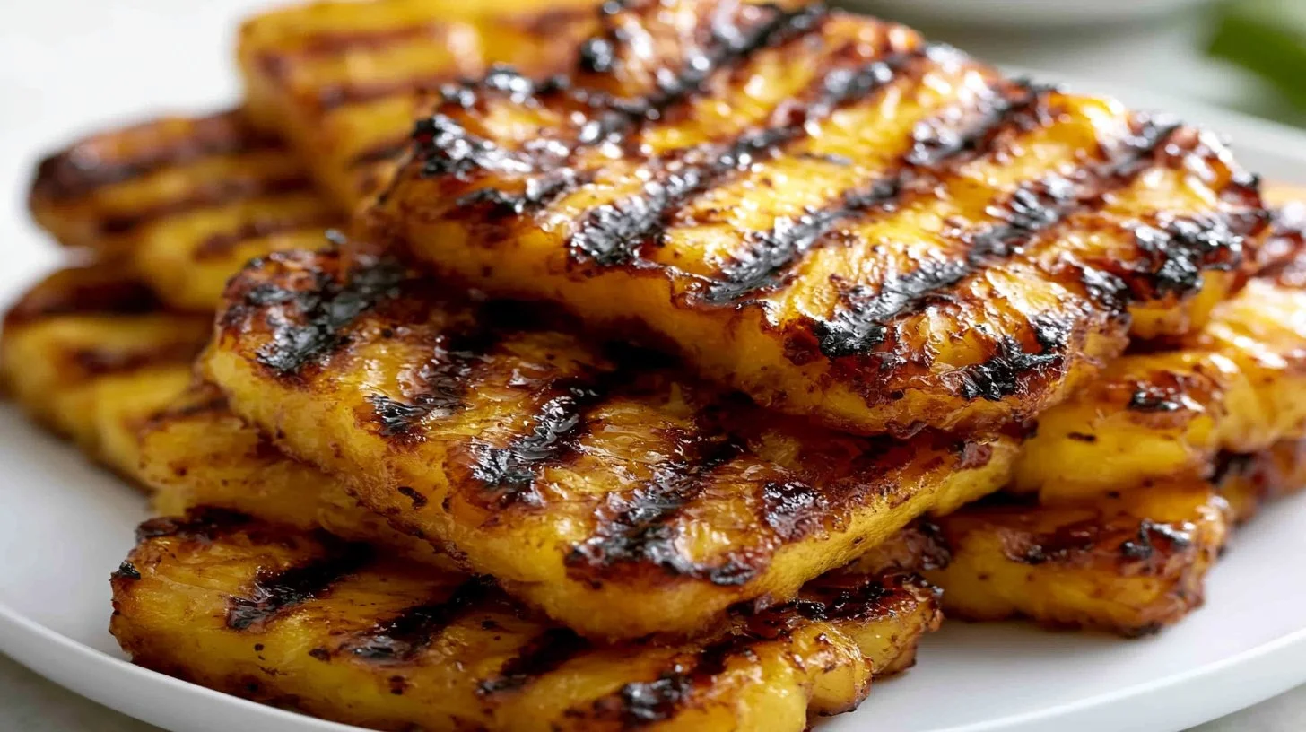 Grilled cinnamon sugar pineapple slices served on a platter