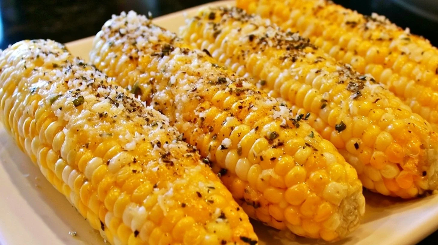 Grilled Corn with Butter, Parmesan, and Chives 2 Delicious grilled corn on the cob with butter, parmesan, and chives served on a plate.