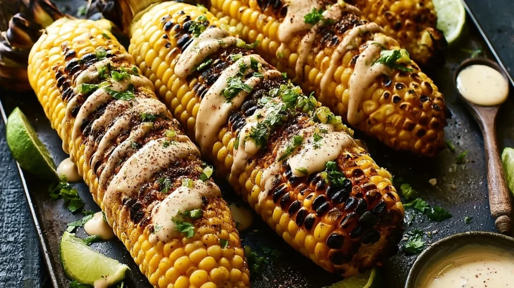 Delicious grilled corn with Sriracha aioli drizzled on top