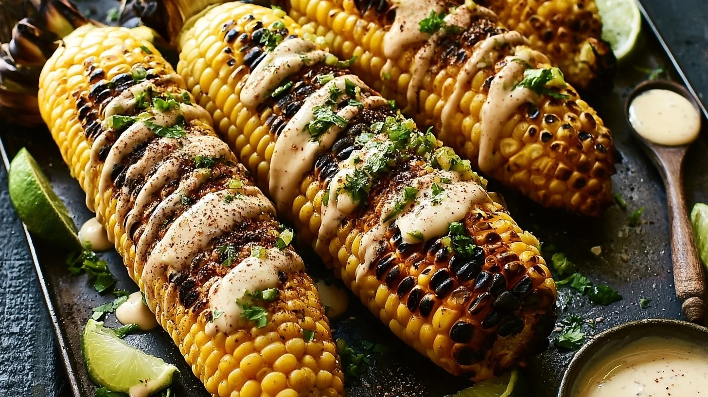 Grilled Corn with Sriracha Aioli 1 Delicious grilled corn with Sriracha aioli drizzled on top