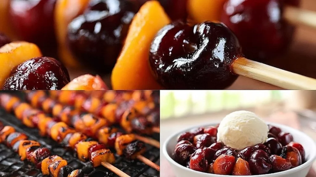 Delicious grilled peaches and cherries with cinnamon-honey syrup on a plate