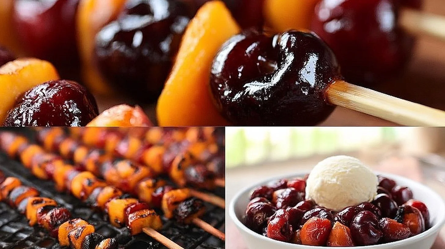Delicious grilled peaches and cherries with cinnamon-honey syrup on a plate