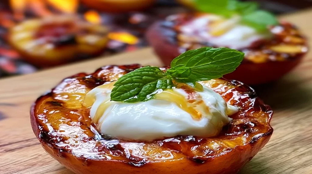 Grilled peaches served with yogurt and honey, a delicious grilled dessert.