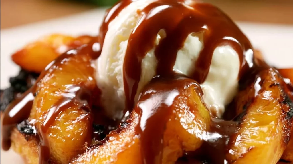 Delicious grilled pound cake served with fresh peaches on a plate
