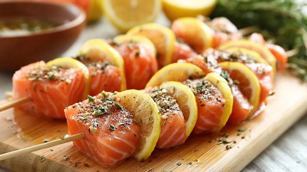 Grilled salmon kebabs served on a platter with fresh vegetables