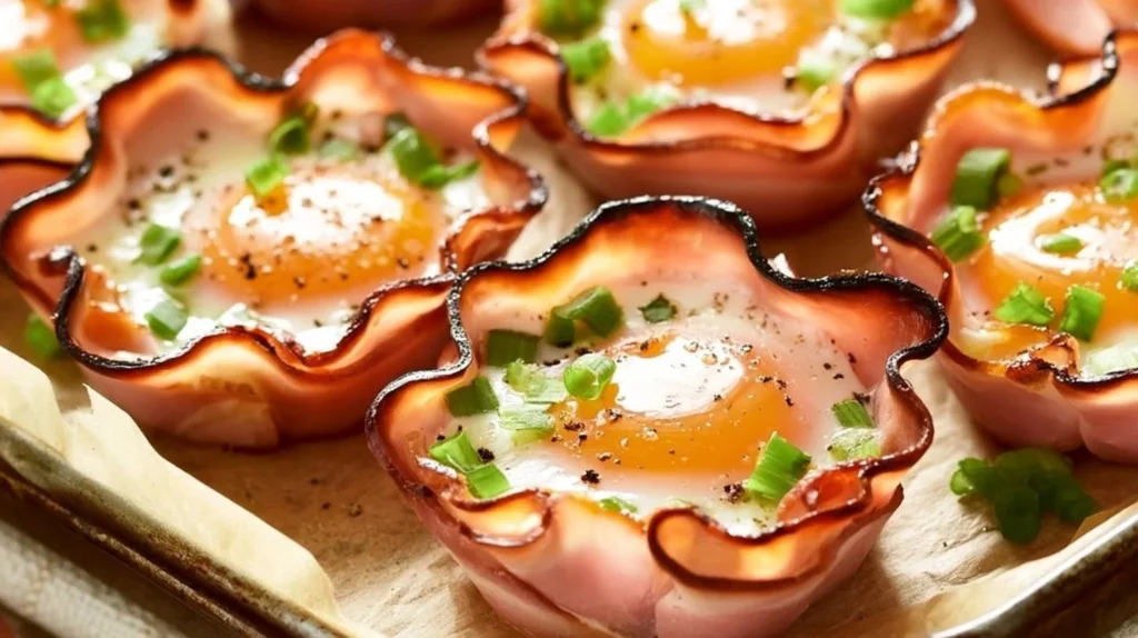 Baked ham and cheese egg cups served on a plate