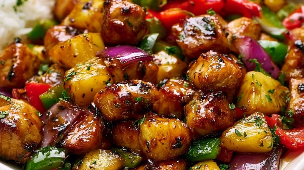 Hawaiian Chicken Sheet Pan meal with colorful vegetables and pineapple