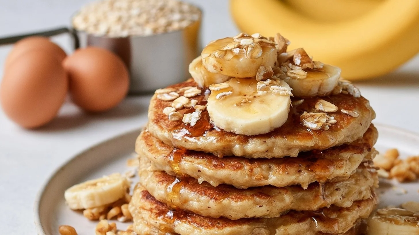 Healthy banana oatmeal pancakes stacked on a plate with fresh fruit