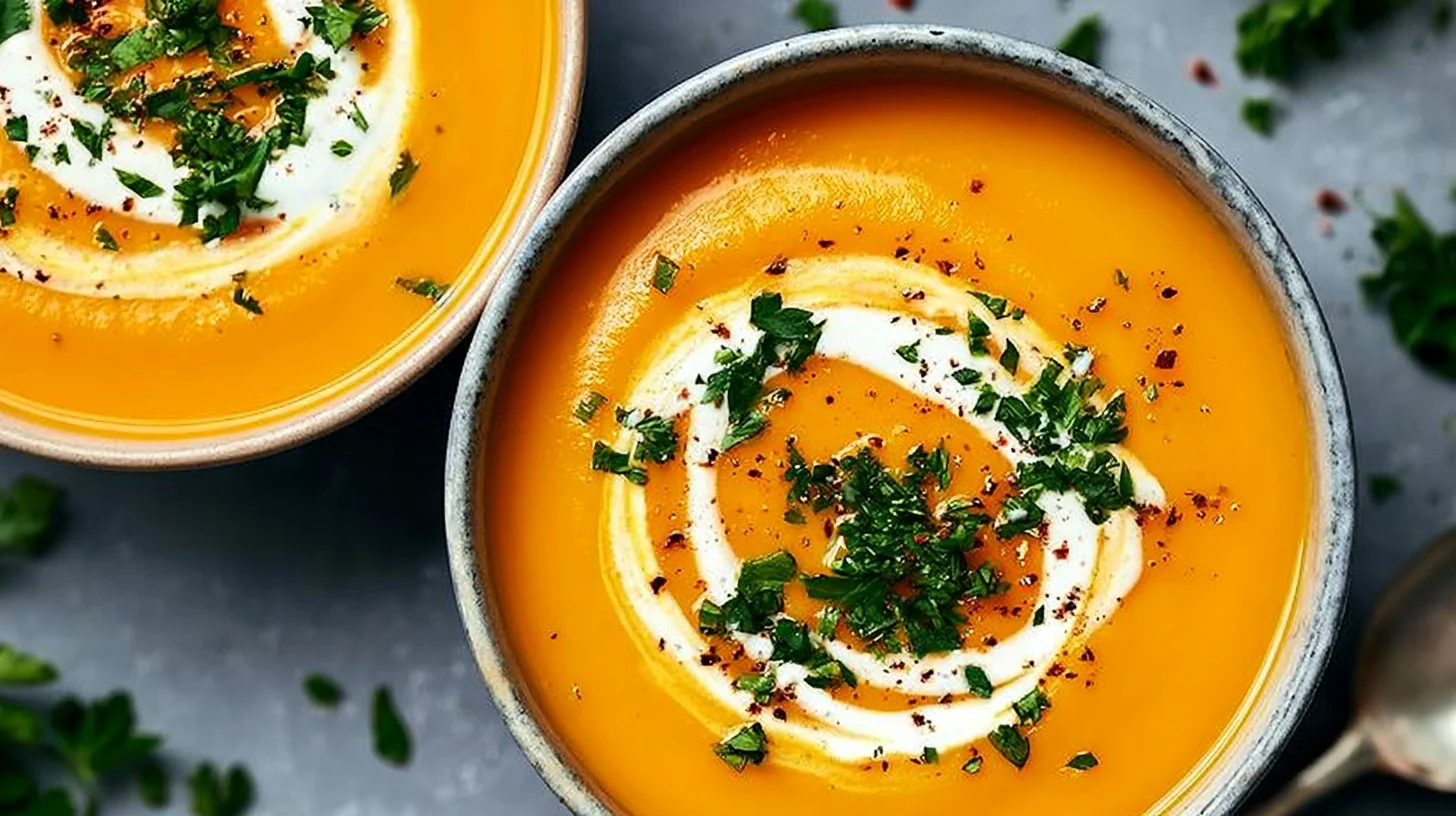 Bowl of healthy butternut squash soup garnished with herbs and spices