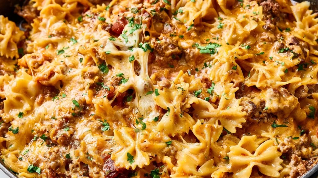 Healthy one pot skillet lasagna featuring layers of pasta, cheese, and vegetables.