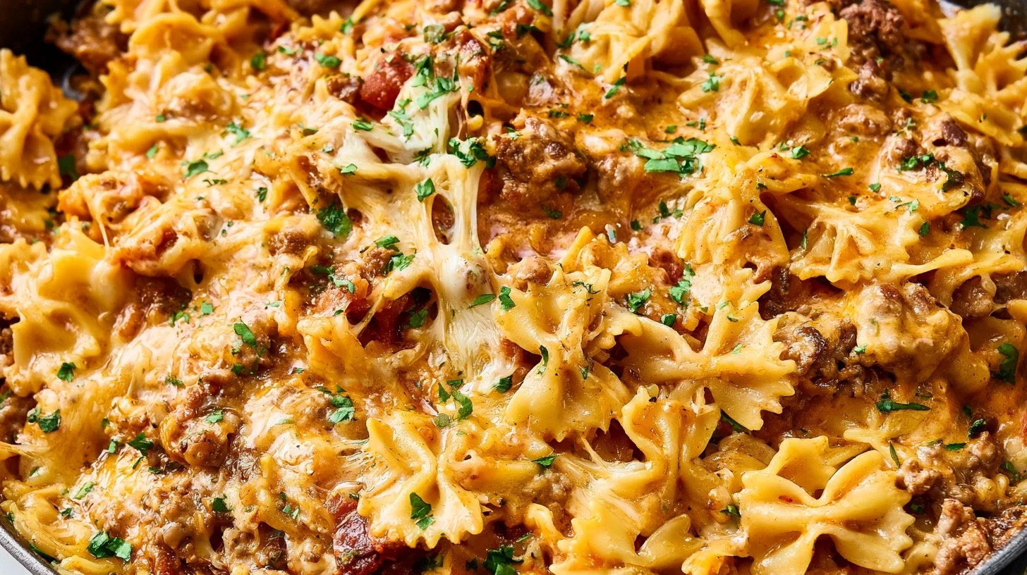 Healthy one pot skillet lasagna featuring layers of pasta, cheese, and vegetables.
