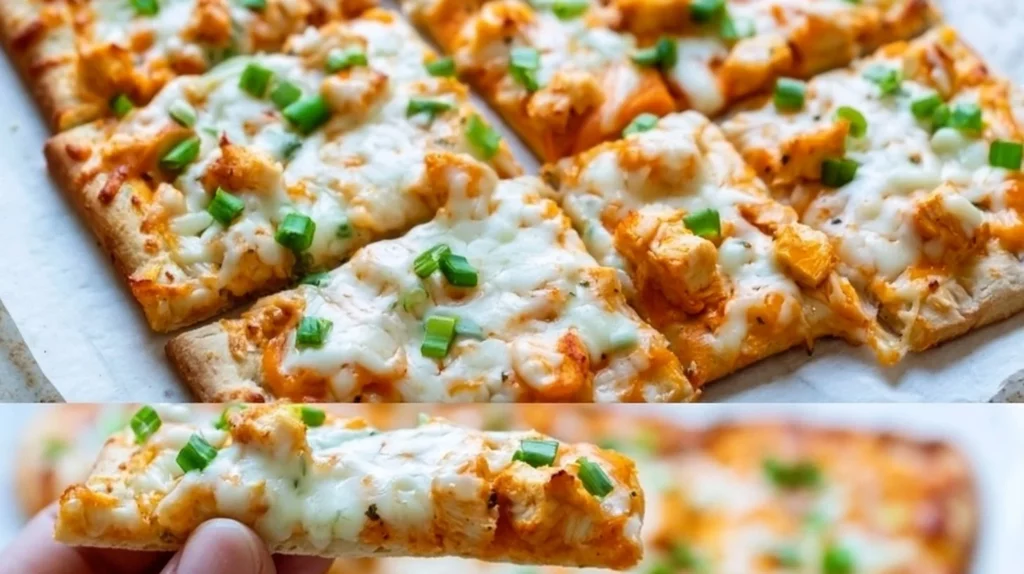 High-protein buffalo chicken flatbread topped with fresh ingredients