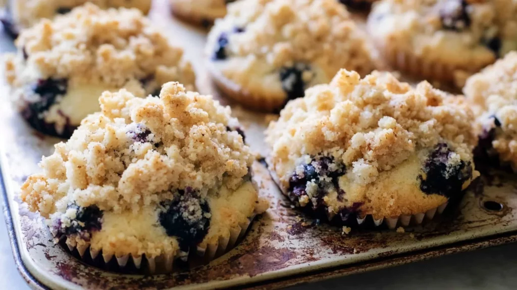 Freshly baked homemade blueberry muffins on a cooling rack