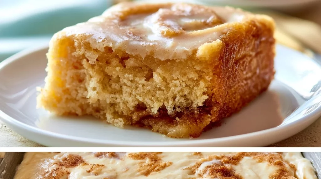 Homemade cinnamon roll cake topped with icing and cinnamon swirl