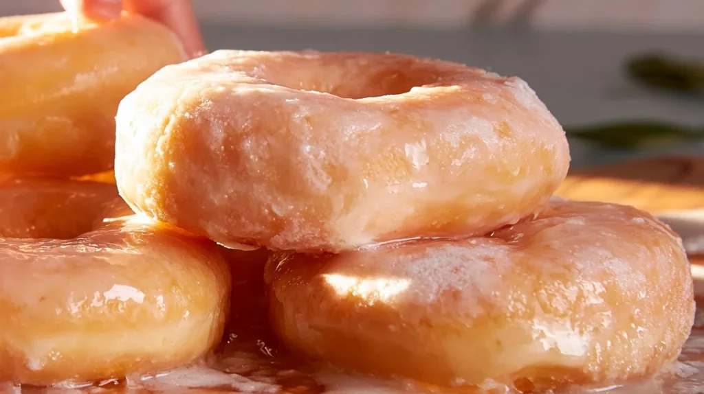 Homemade glazed donuts fresh out of the oven with a glossy icing topping