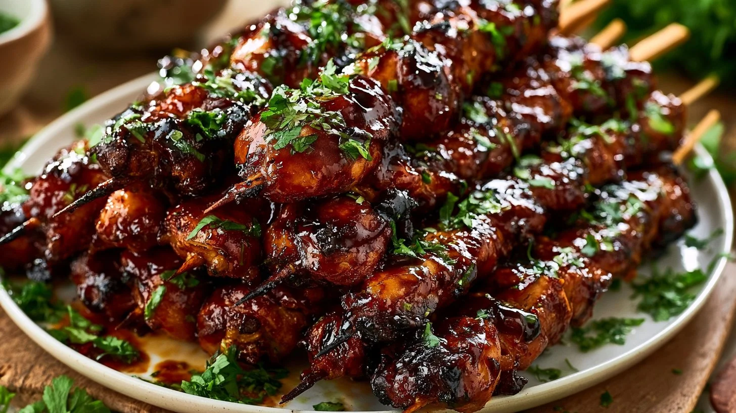 Honey chipotle grilled chicken skewers on a grilling rack