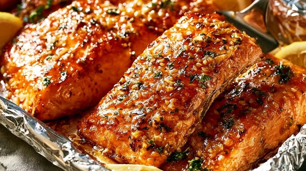 Honey garlic salmon baked in foil, garnished and ready to serve