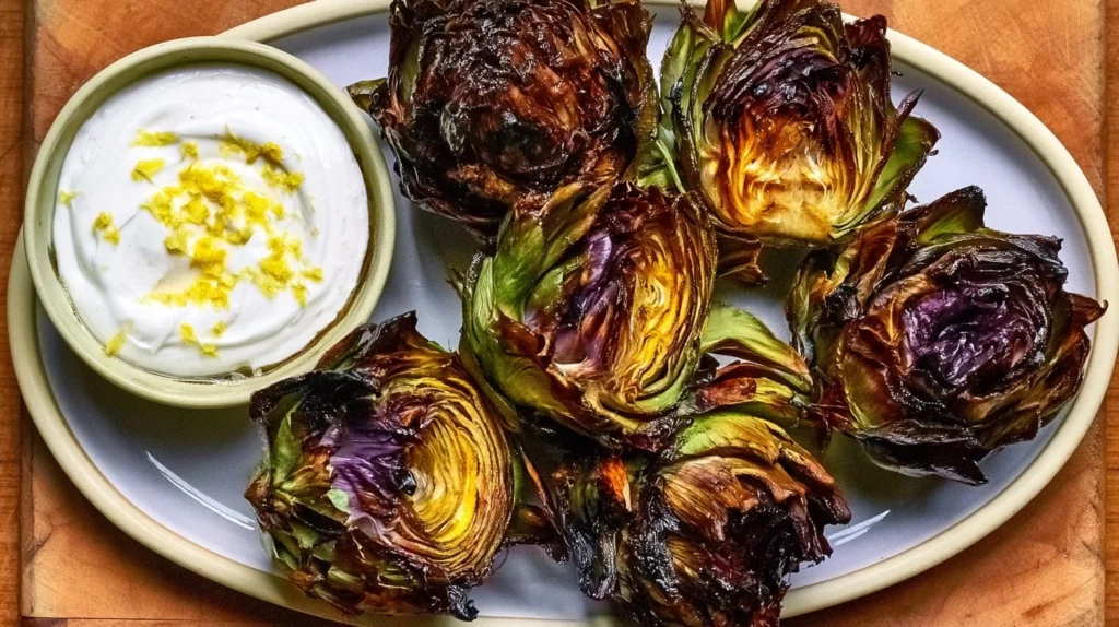 Grilled artichokes on a platter ready to serve