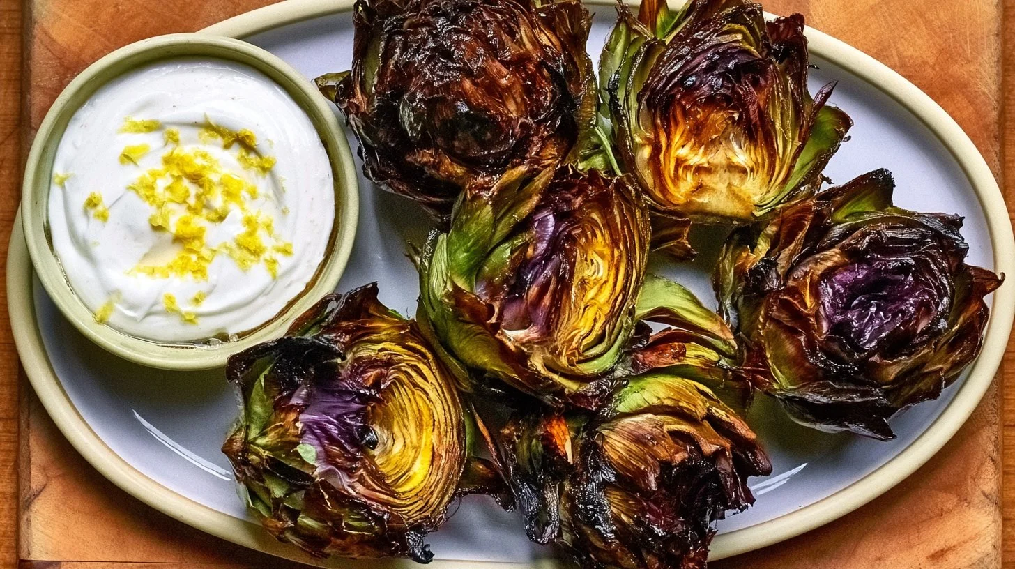 Grilled artichokes on a platter ready to serve