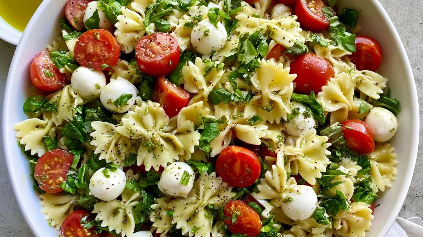 Colorful Italian Bow Tie Pasta Salad with veggies and dressing
