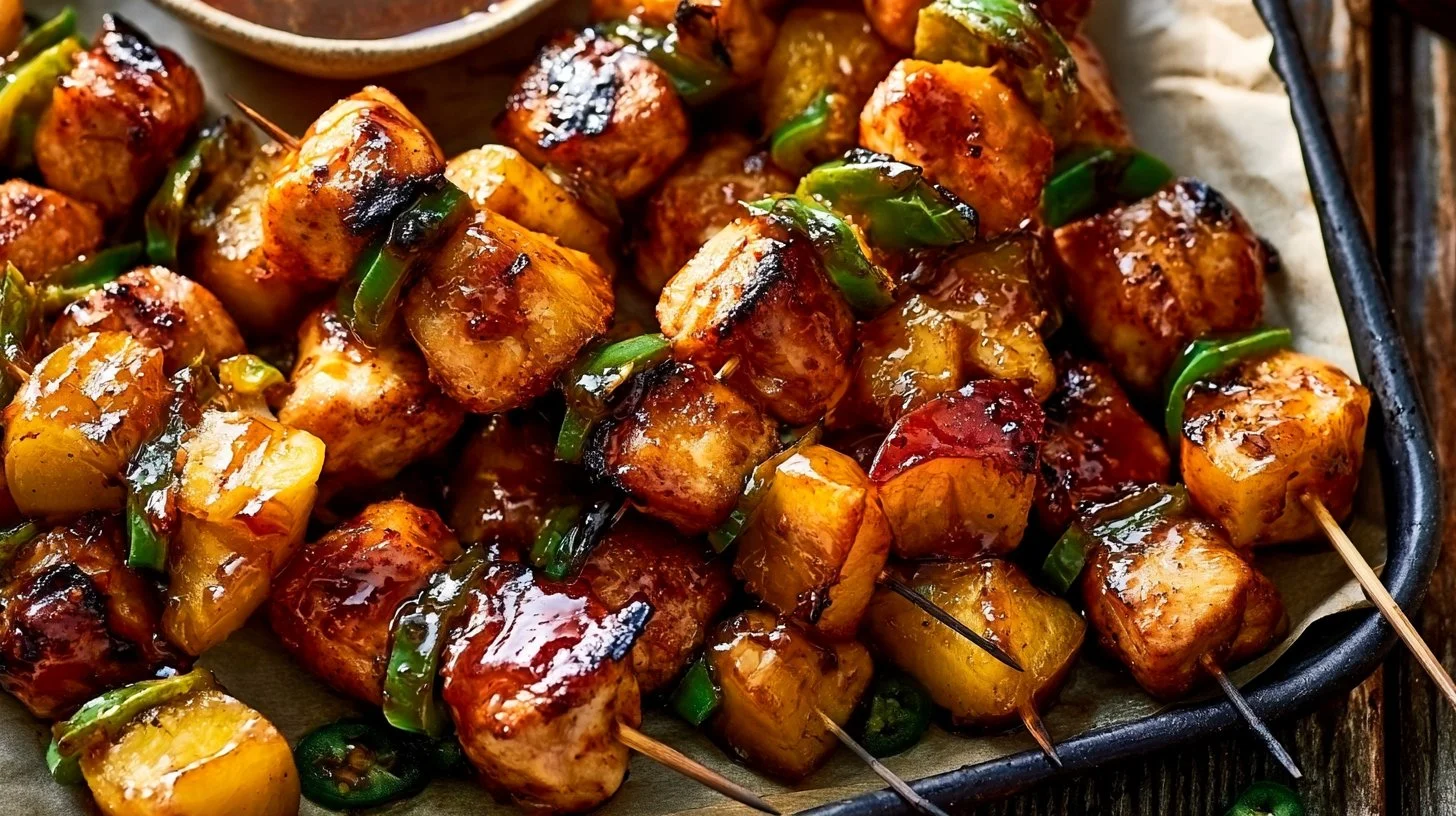 Jalapeno Peach Chicken Skewers served on a wooden platter