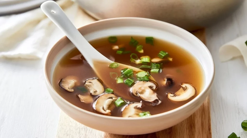 Bowl of Japanese Clear Soup with vegetables and tofu, showcasing traditional presentation.