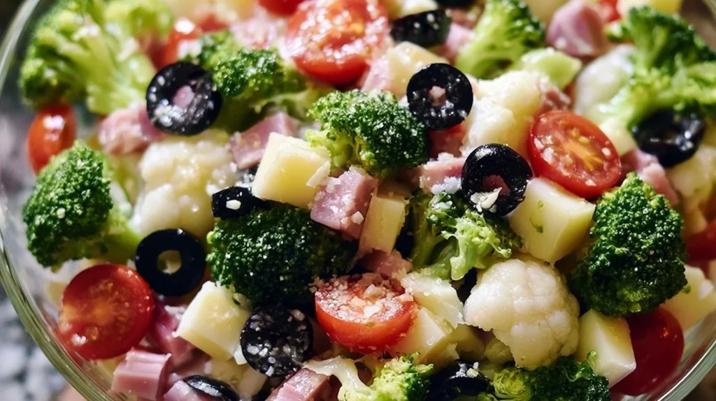 Keto Cauliflower Broccoli Ham Salad served in a bowl
