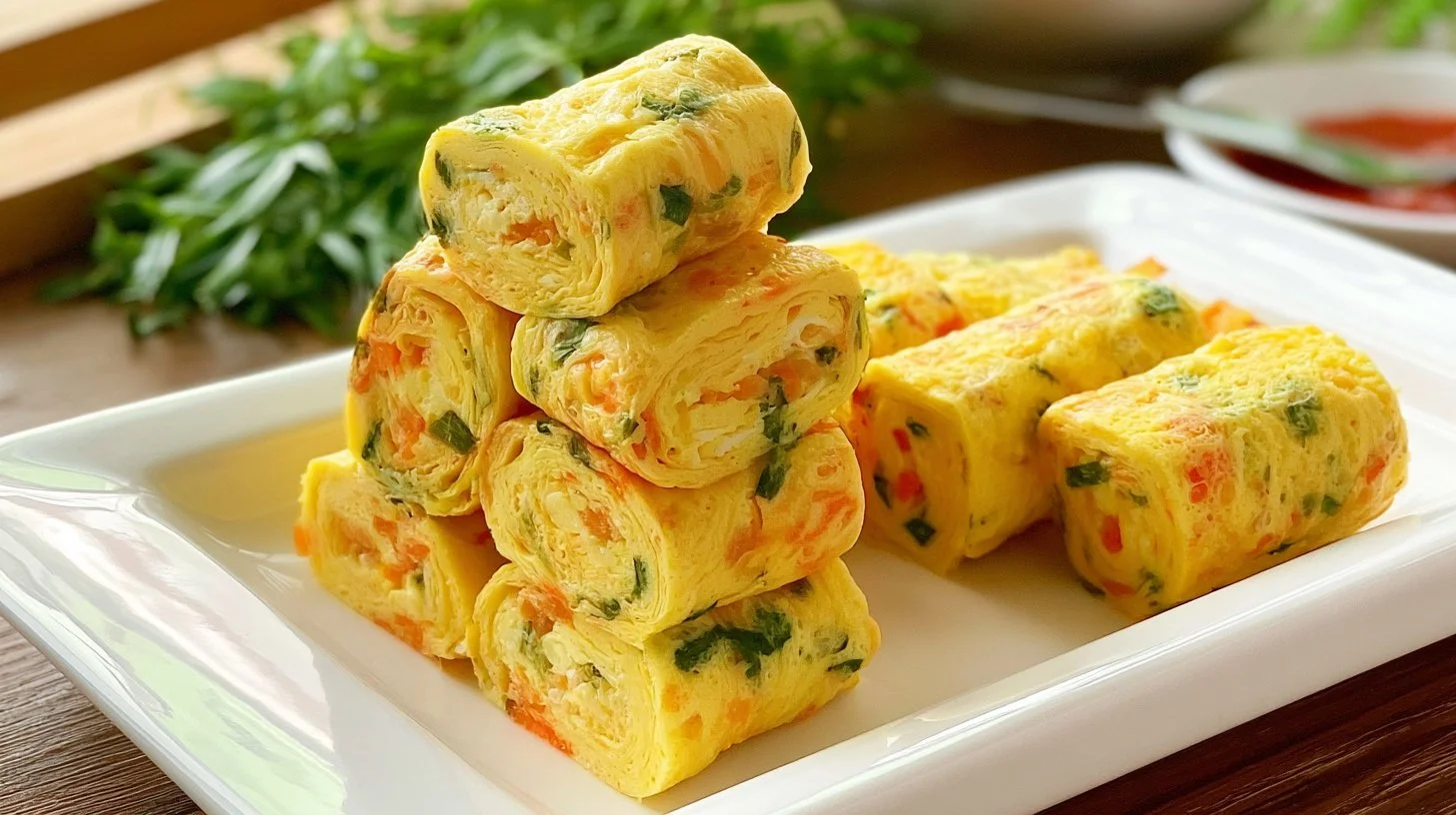 Delicious Korean Rolled Omelette, beautifully plated and garnished.