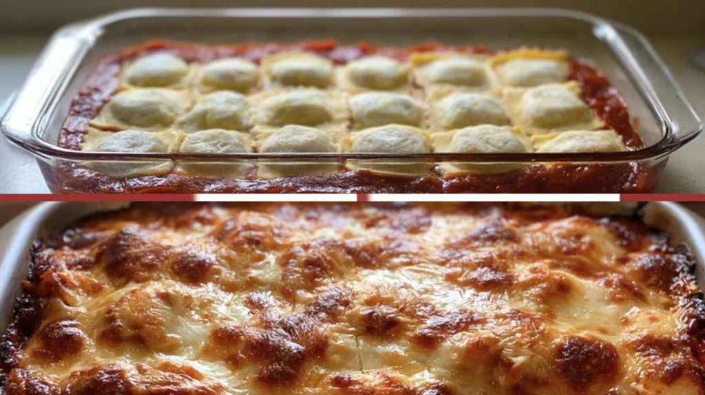 Lazy Lasagna made with cheesy baked ravioli served in a baking dish