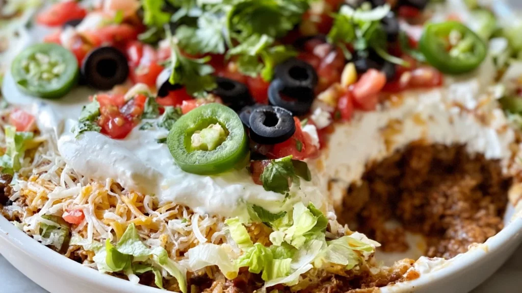Low carb taco casserole topped with cheese and garnished with fresh cilantro.