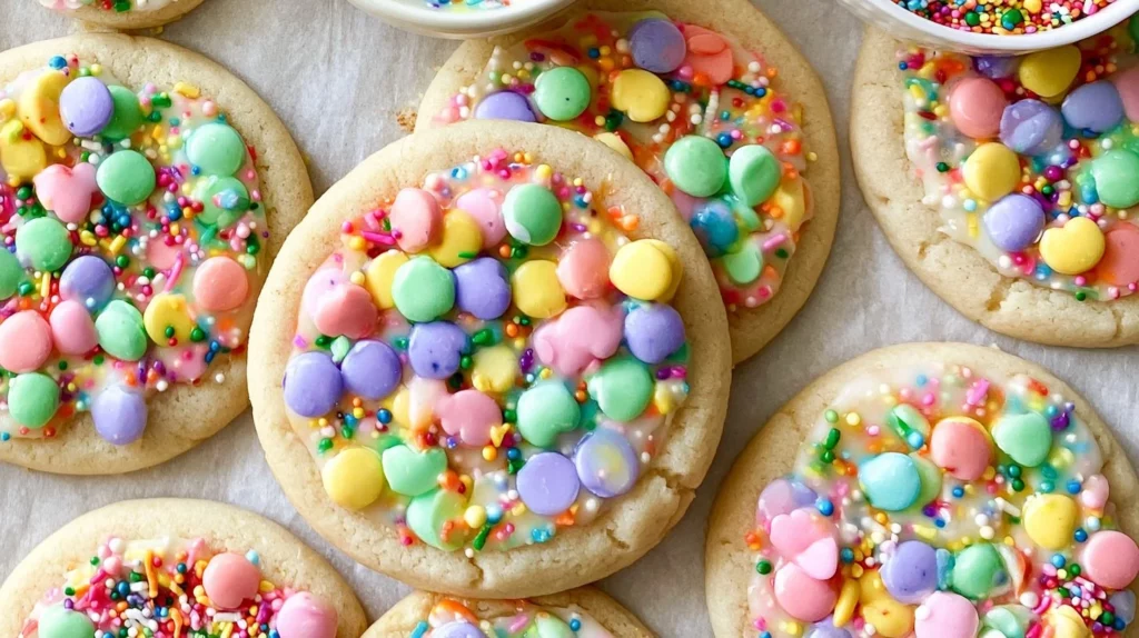 Lucky Charms sugar cookies with colorful marshmallows and sprinkles