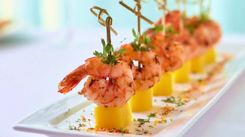 Mango Spicy Shrimp Tapas garnished with fresh herbs