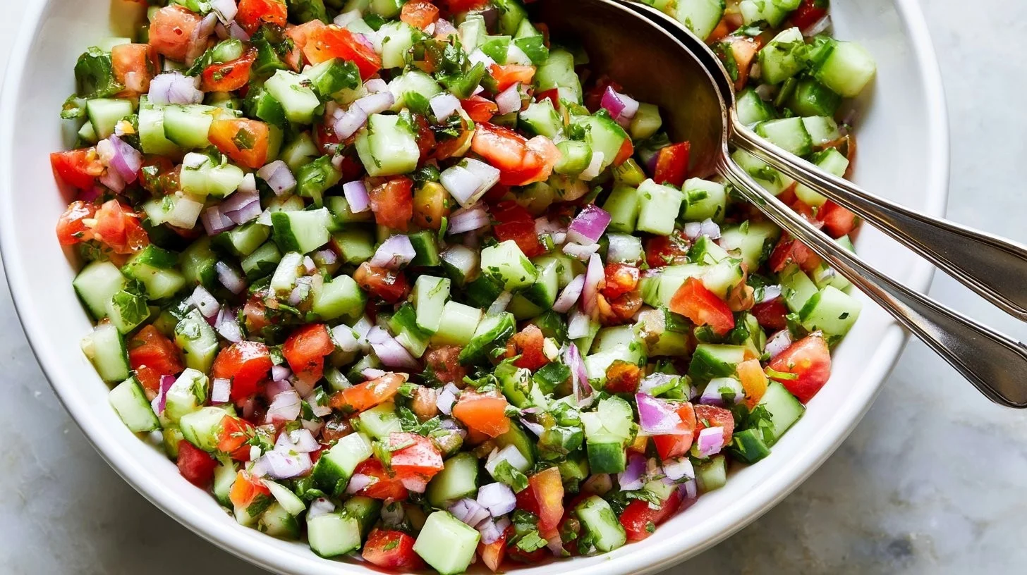 Colorful Mediterranean Salad with fresh vegetables, feta cheese, and olives.